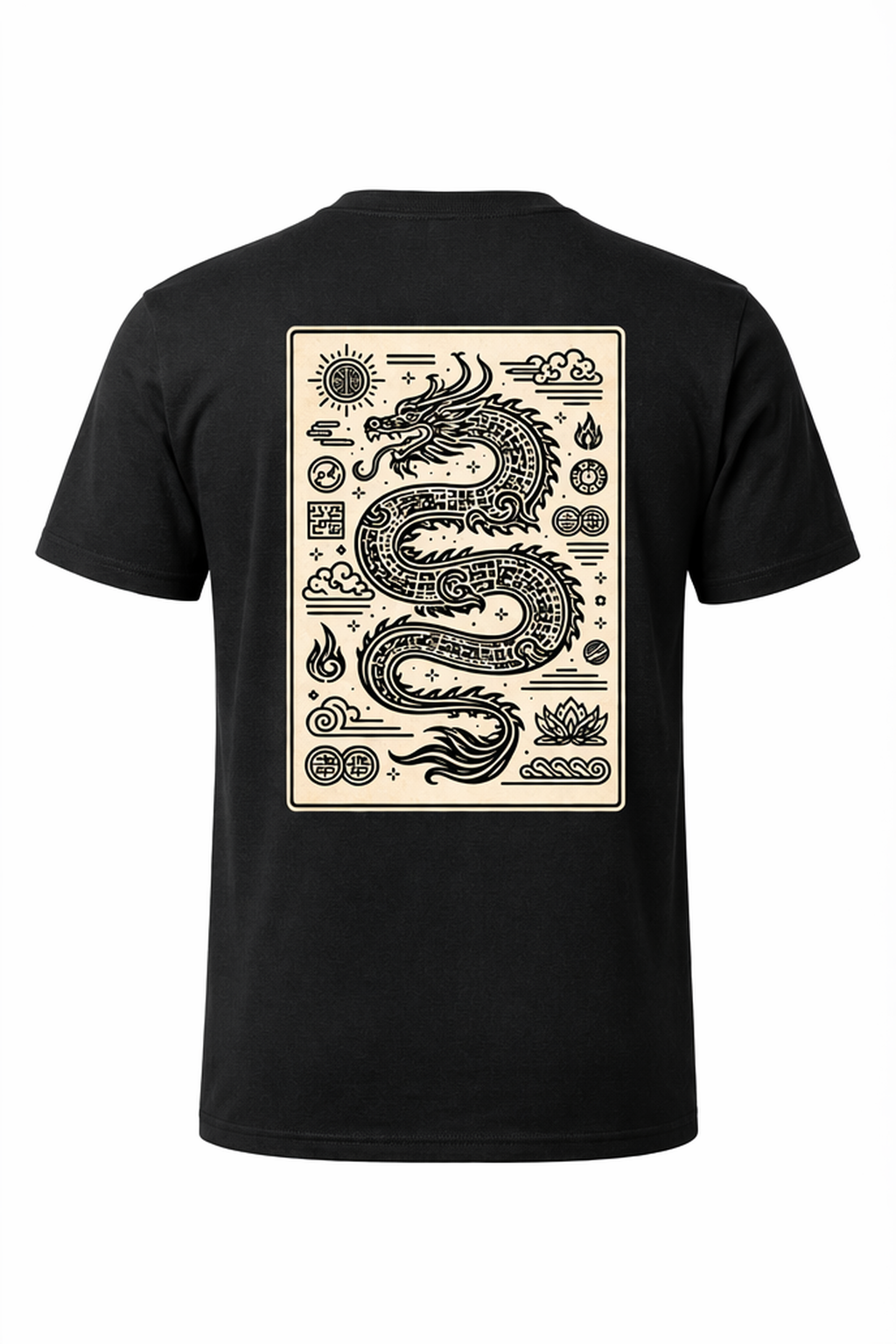 Black t-shirt with a dragon design on the back against a white background