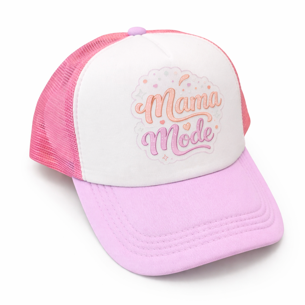 Pink and white cap with 'Mama Mode' text on a white background