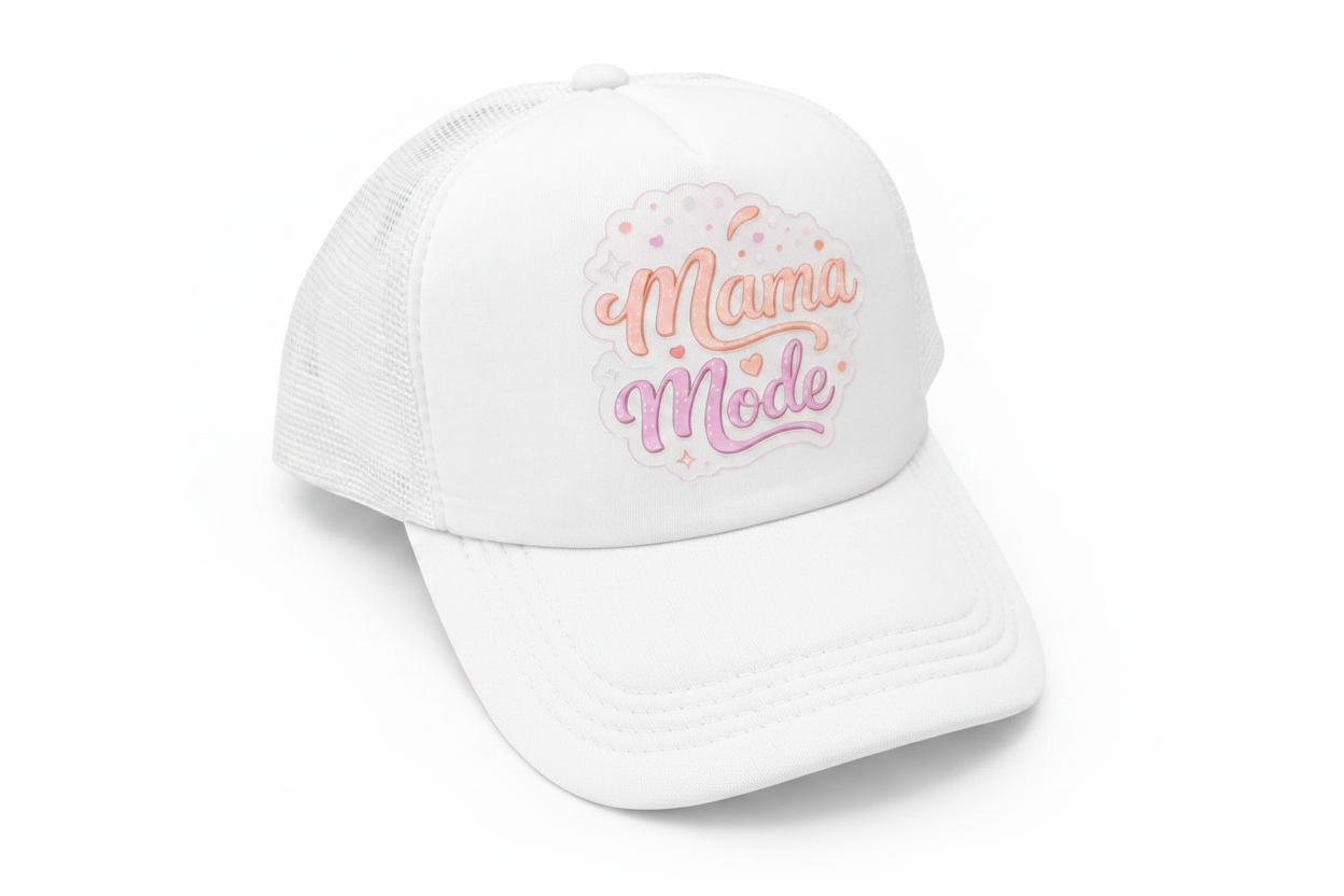 white cap with 'Mama Mode' text on a white background