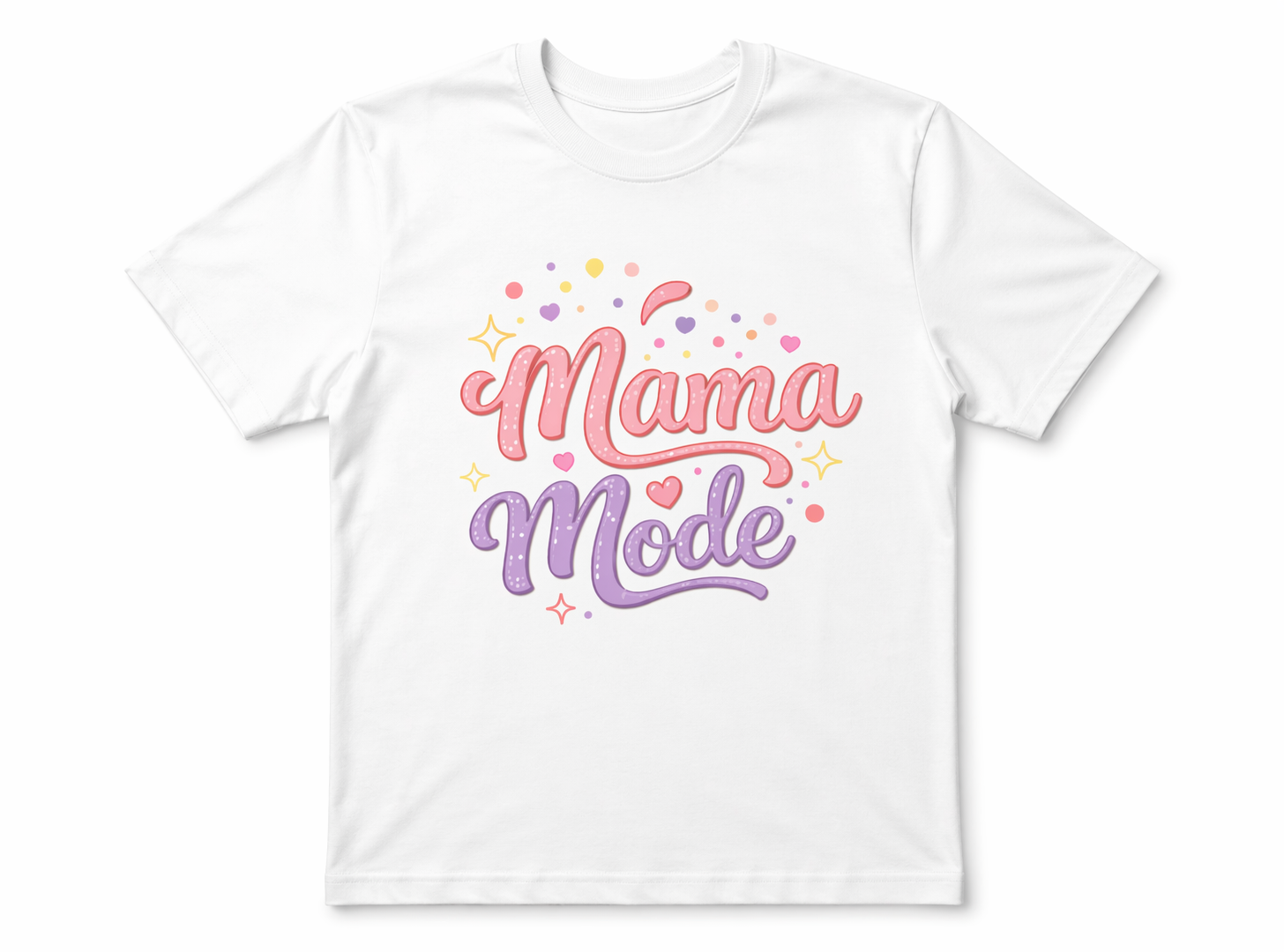 White t-shirt with 'Mama Mode' text in colorful letters on a white background