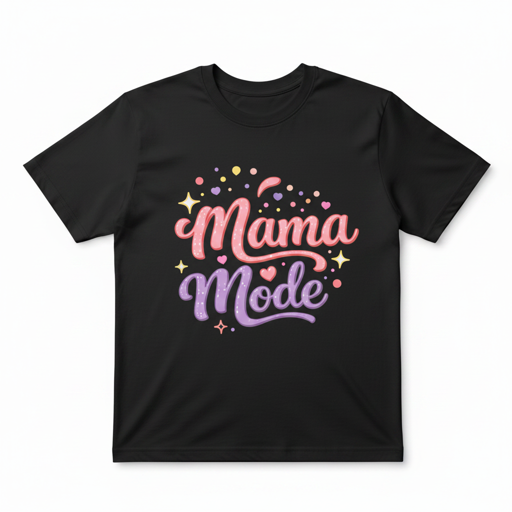 Black t-shirt with 'Mama Mode' text in colorful letters on a white background