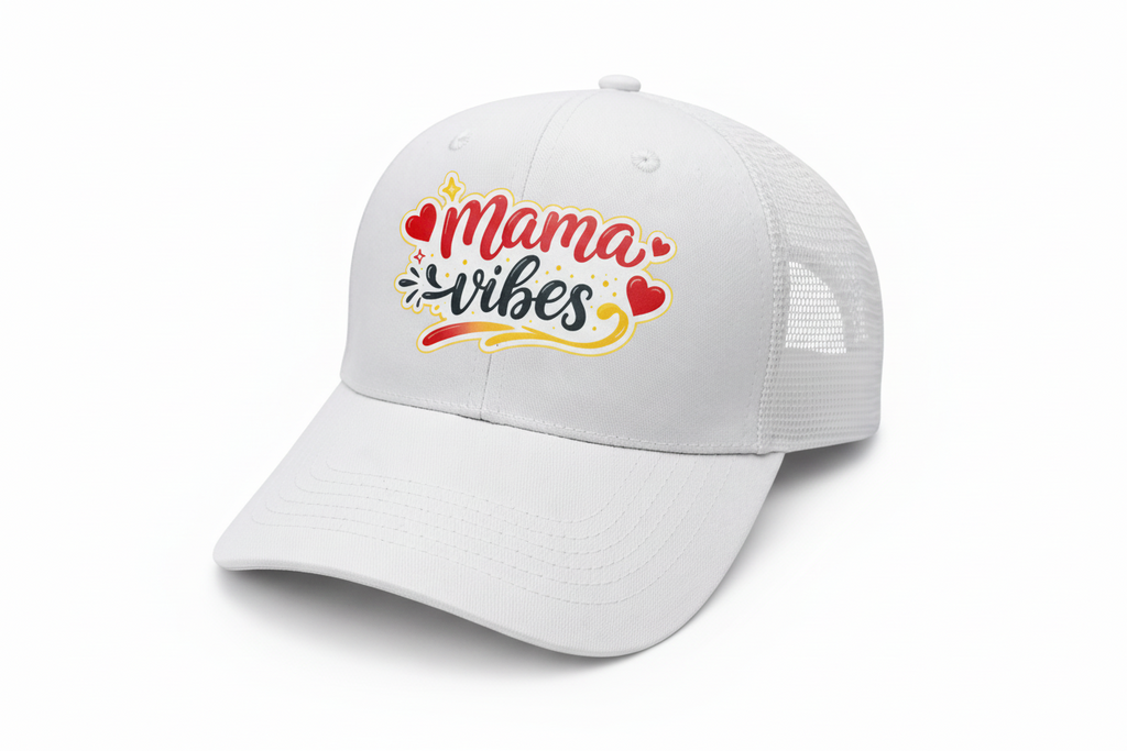 White cap with 'Mama Vibes' text on a white background