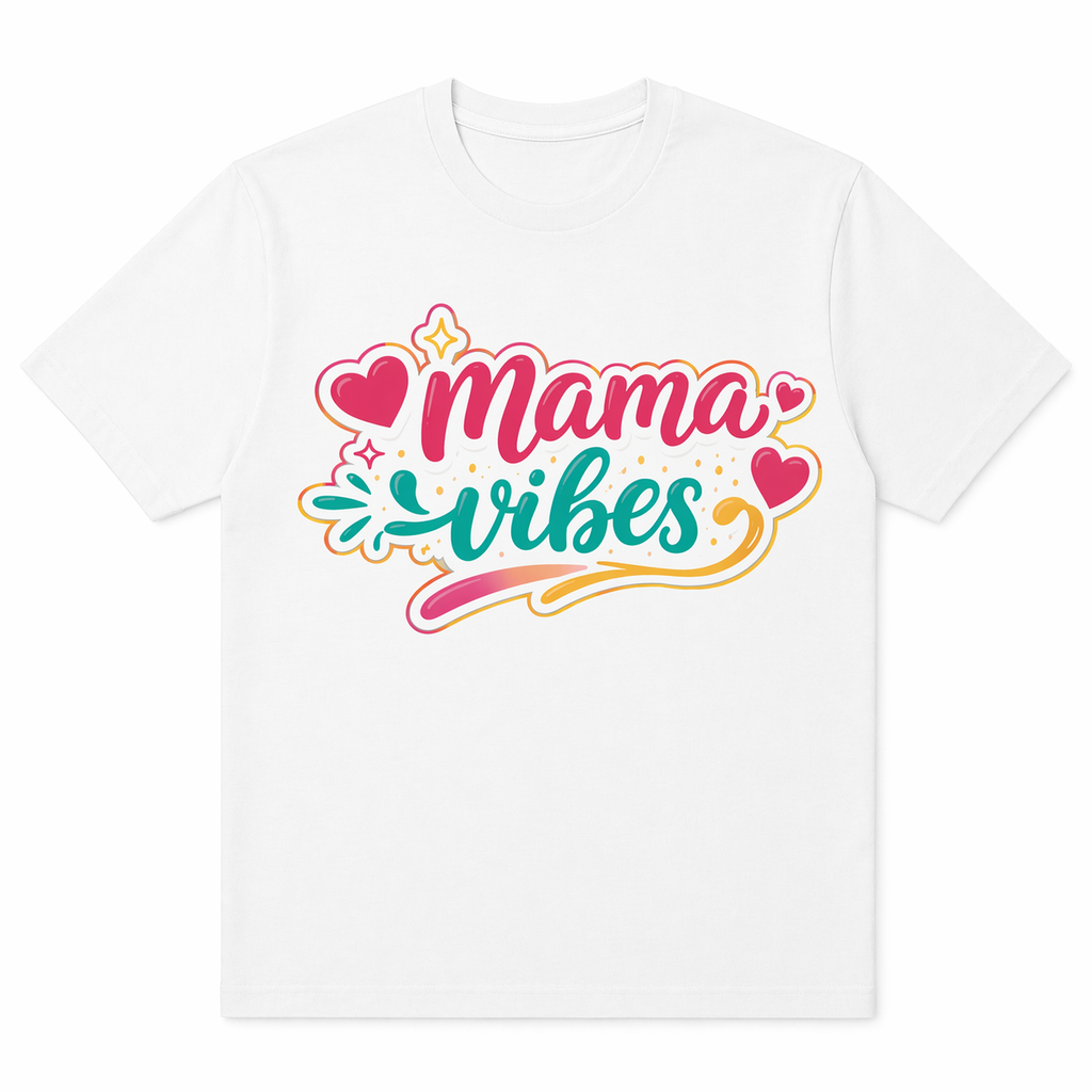 White t-shirt with 'Mama Vibes' text design on a white background