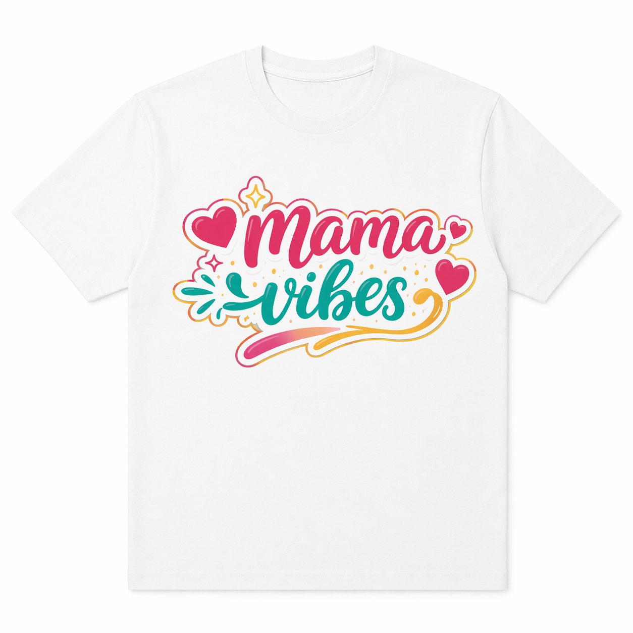 White t-shirt with 'Mama Vibes' text design on a white background