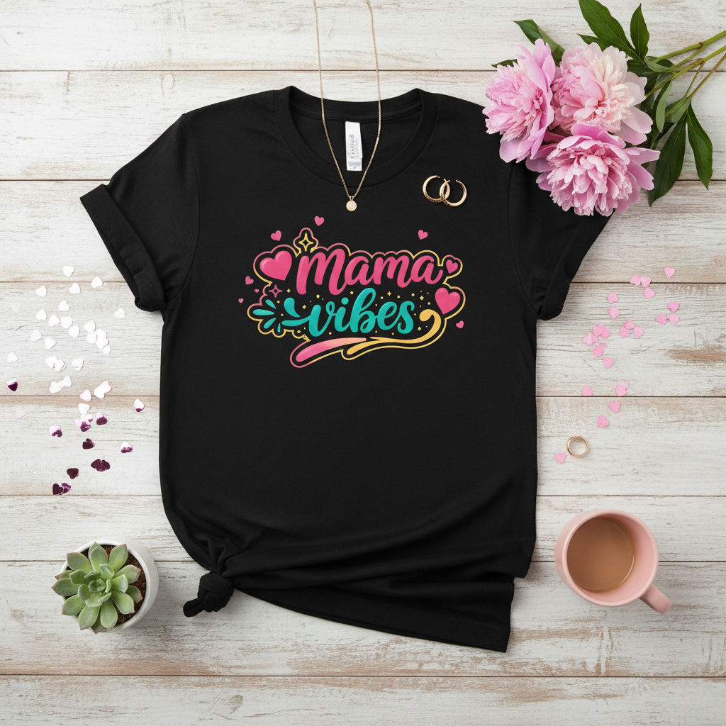 Black t-shirt with 'Mama Vibes' design on a wooden surface with flowers and a cup.