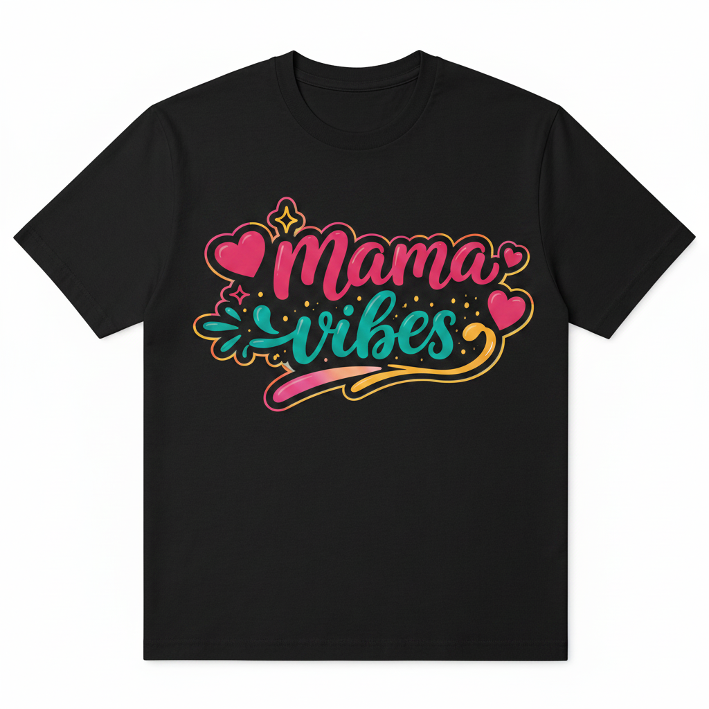 Black t-shirt with 'Mama vibes' colorful text design on a white background