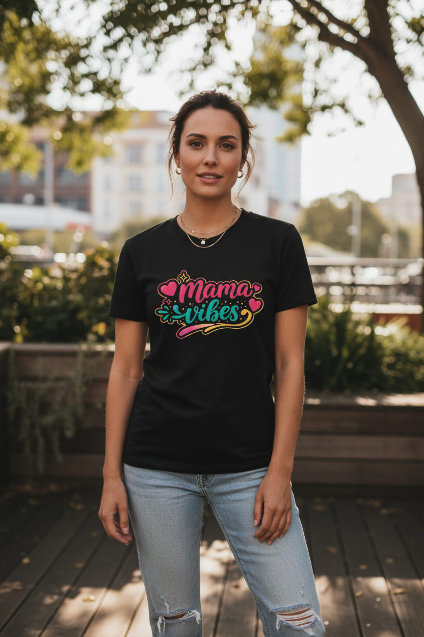 Woman wearing a black t-shirt with 'Mama Vibes' text, standing outdoors.