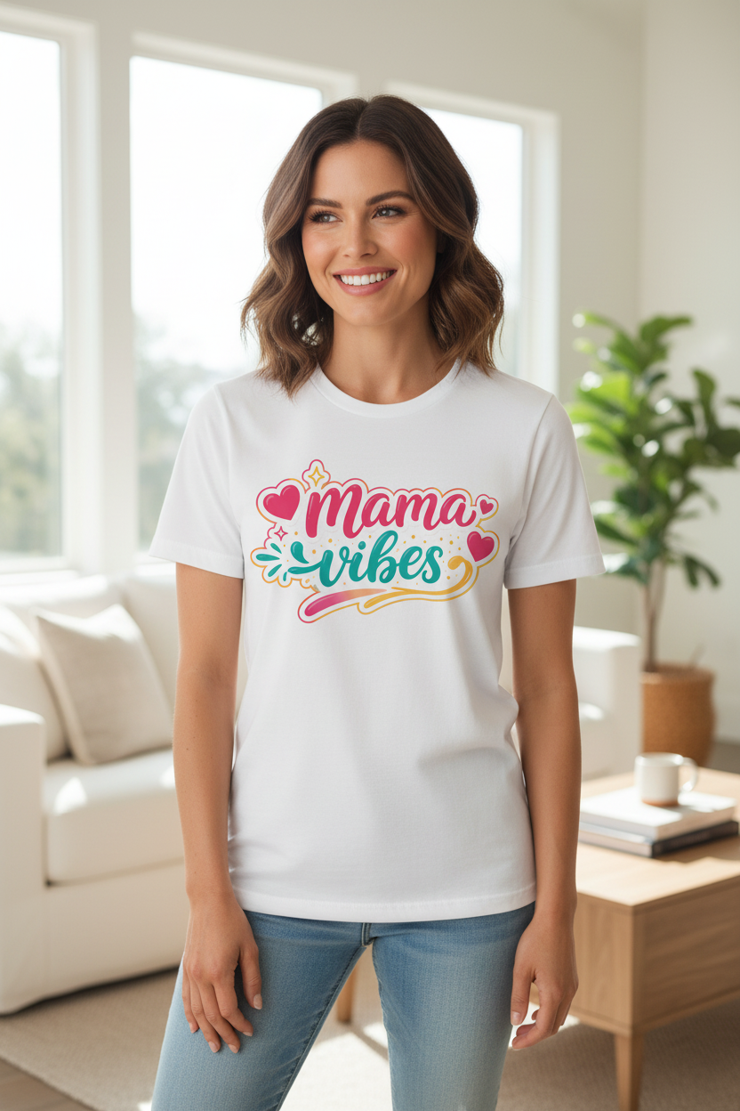 Woman wearing a white t-shirt with 'Mama Vibes' design in a living room.
