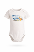White baby onesie with colorful graphics and text on a white background
