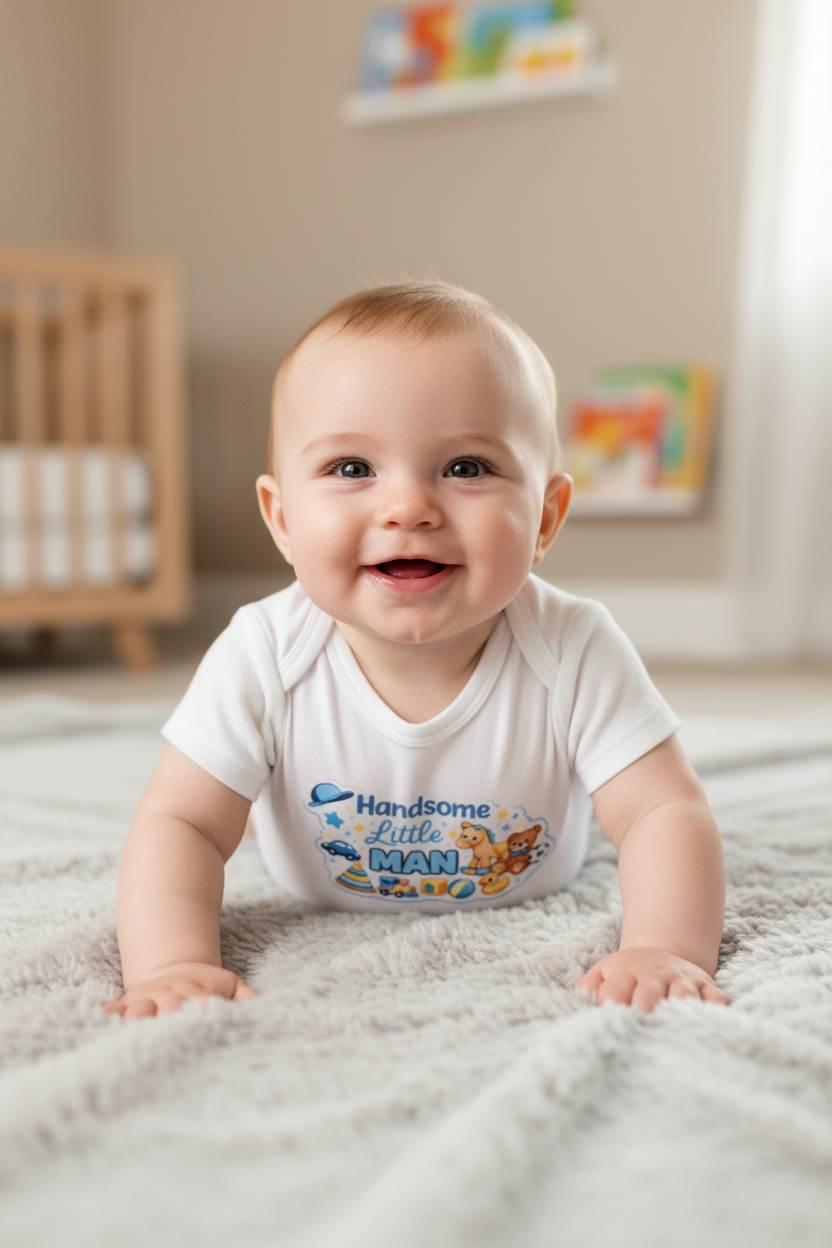 Baby lying on a carpeted floor wearing a white onesie with colorful text and graphics.