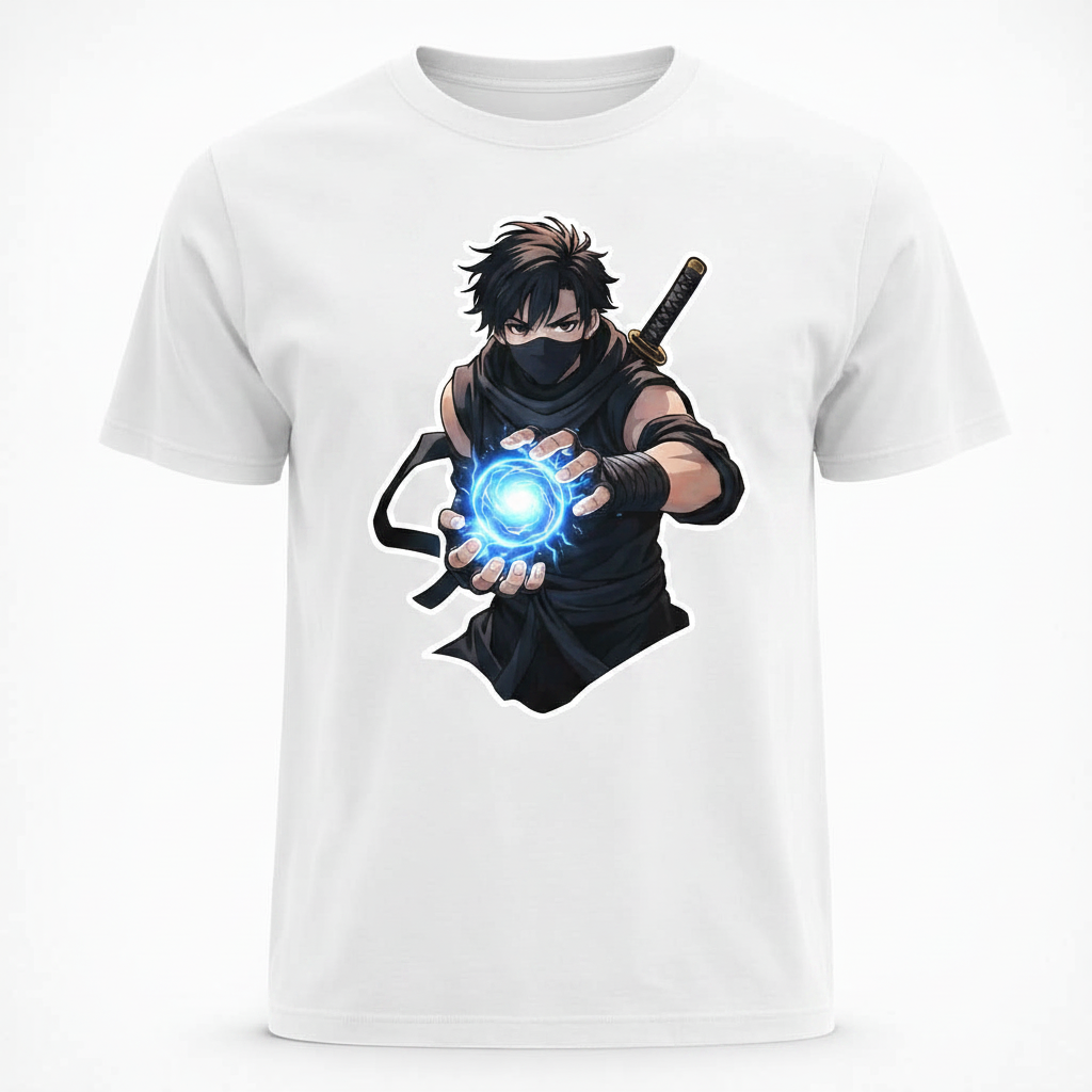 Black t-shirt with a graphic of a character holding a glowing blue orb on a white background