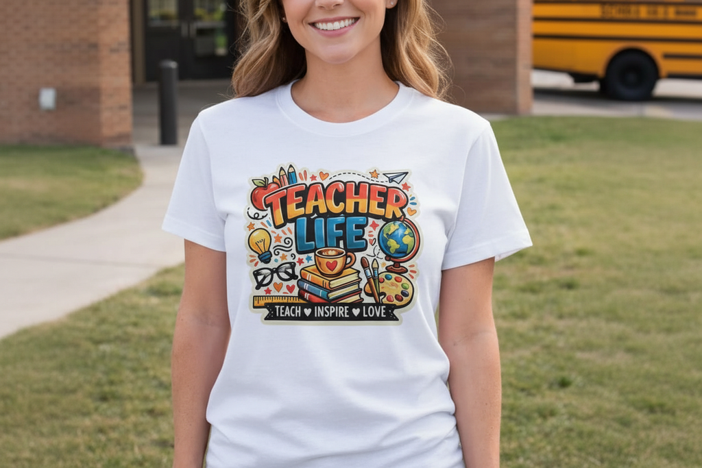 Person wearing a white t-shirt with 'Teacher Life' design in front of a school building.