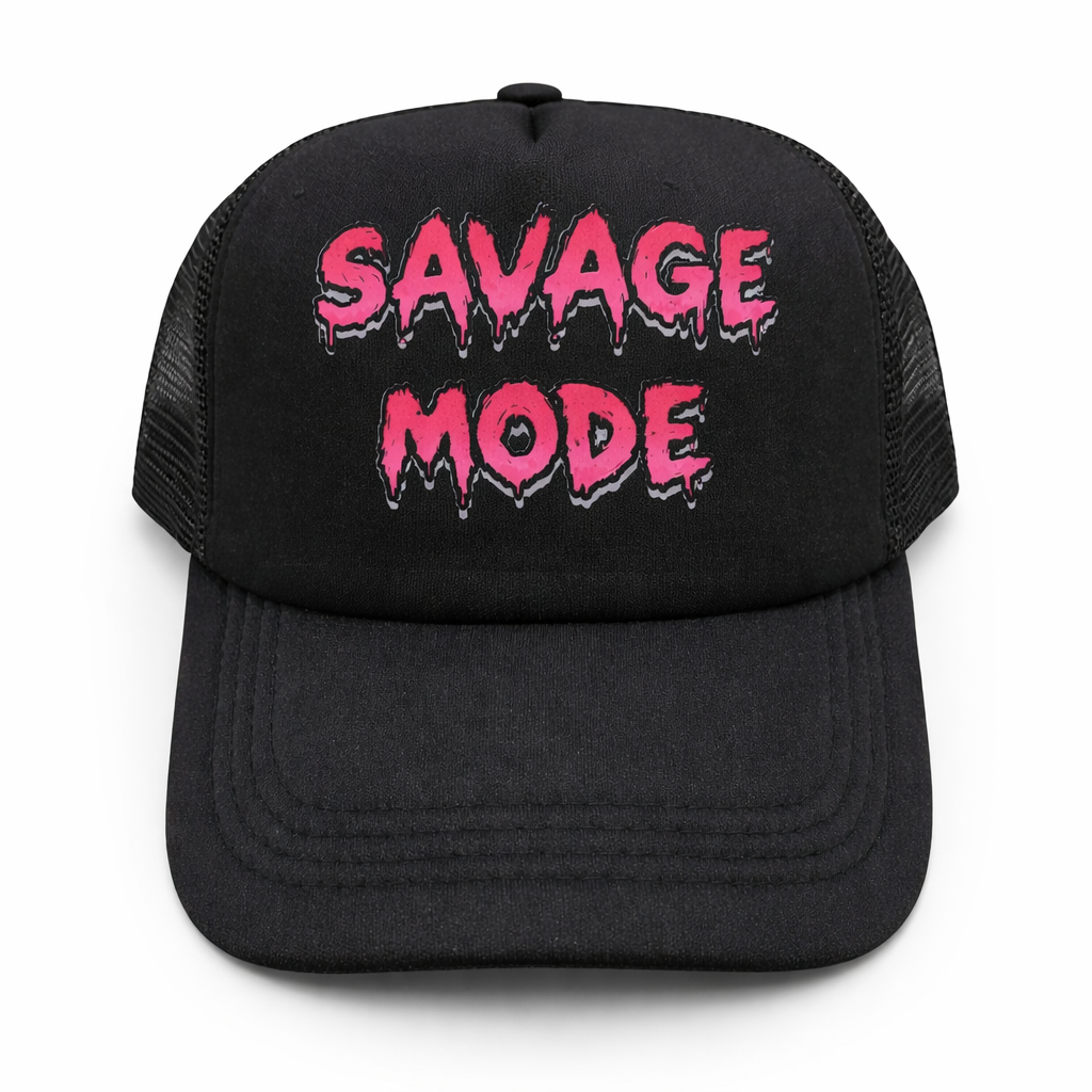 Black trucker cap with 'SAVAGE MODE' in pink text on a white background