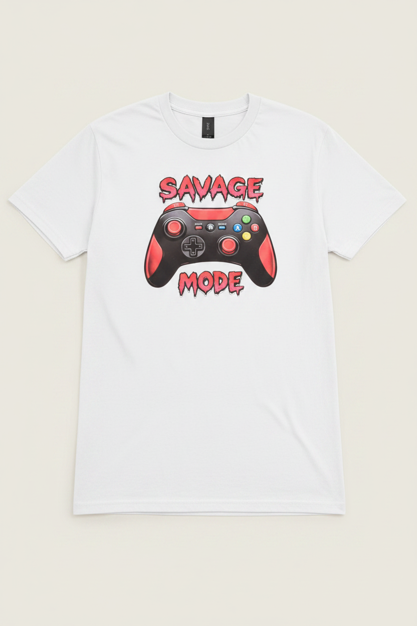 White t-shirt with a graphic of a gaming controller and 'Savage Mode' text on a beige background
