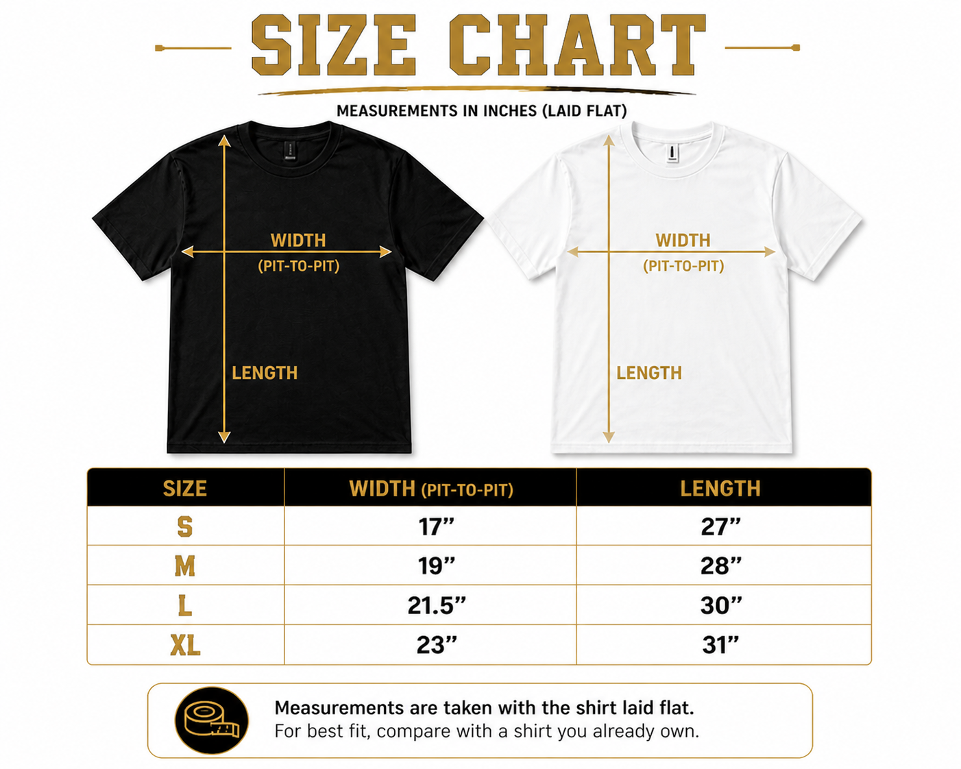 Size chart for black and white t-shirts with measurements in inches.