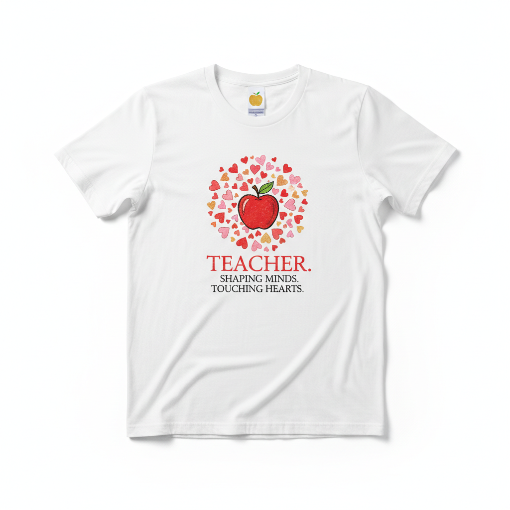 White t-shirt with a red apple and heart design, featuring the text 'Teacher: Shaping Minds. Touching Hearts.