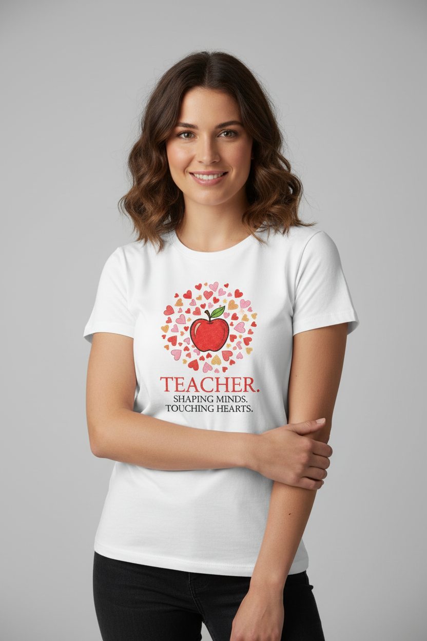 Woman wearing a white t-shirt with a red apple design and text on a gray background